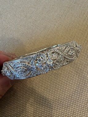 Rhinestone Silver-Tone Filigree Bangle Bracelet
